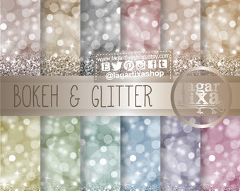 Bokeh Glitter Digital paper, Patterns, Silver, Pink, Blue, Green, lilac, purple, turquoise, Gold, greetings cards holidays, blog