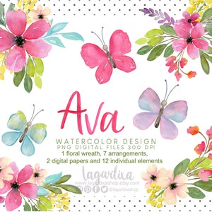 Op de afbeelding: Waterverf ontwerp met de naam Ava in roze schrift, vlinders en bloemboeketten in tinten roze, geel en blauw. Het ontwerp bevat 1 bloemenkrans, 7 arrangementen, 2 digitale papieren en 12 individuele elementen.