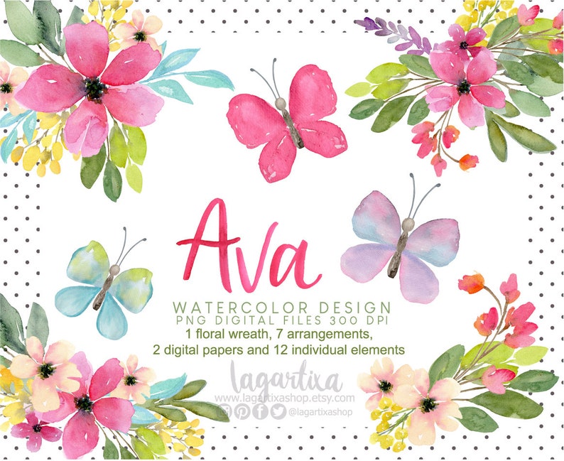 Butterflies and Floral Watercolor Floral clipart, PNG hand painted Red HOt Pink Floral Wreath Borders Digital papers small dots stripes art image 1