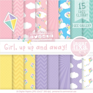 Puede incluir: Un conjunto de 16 papeles digitales con varios patrones de cometas y nubes en colores pastel. Los papeles son de 12x12 pulgadas y 300 dpi. El texto "Girl, up up and away!" está en la parte inferior de la imagen.