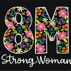 8M maart Internationale Vrouwendag, Sterke Vrouw, Bloemen op zwart om DTF te sublimeren of over te dragen op t-shirts, mokken, handtekening