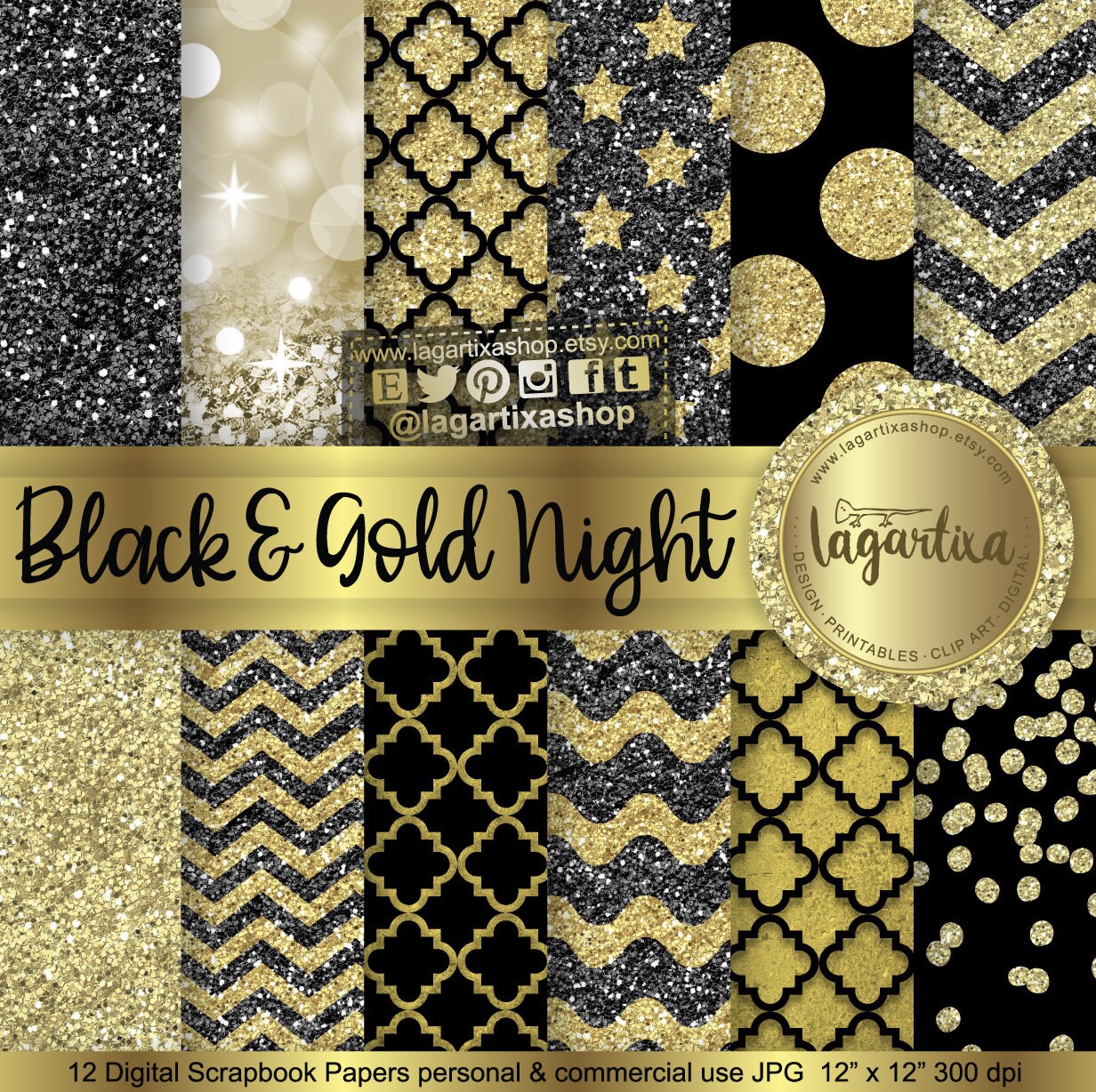 Gold Black New Year's Eve Digital Paper Blog background for Invitations Elegant event chevron glitter gold foil bokeh labels gift tags