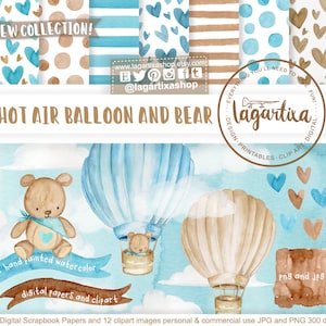 Teddy Bear Hot air Balloon Watercolor PNG Clipart, for boy, brown blue turquoise, digital papers, sky blue and clouds pattern, hand painted