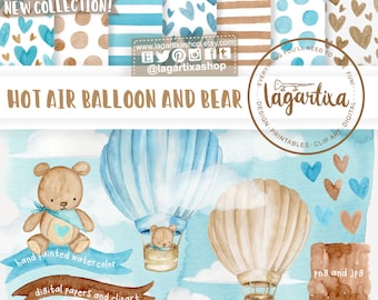 Teddy Bear Hot air Balloon Watercolor PNG Clipart, for boy, brown blue turquoise, digital papers, sky blue and clouds pattern, hand painted