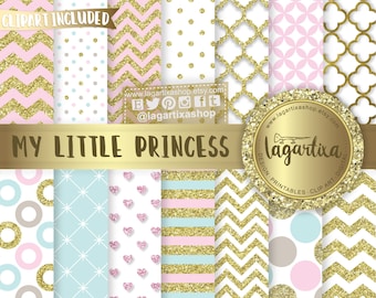 Princess Digital Paper Gold Glitter, Stripes, Pale Pink, Turquoise, Chevron, Large Polka dots, Hearts, princess party, for quotes, nursery