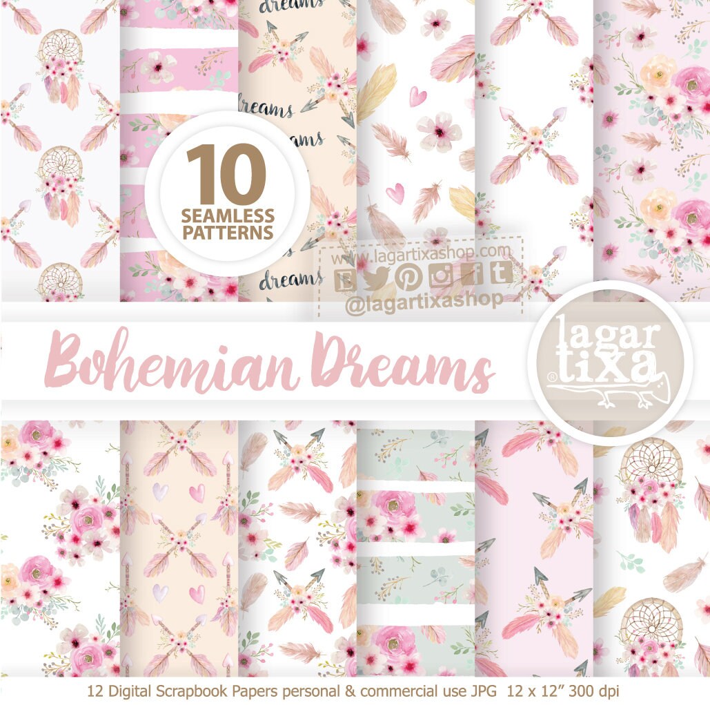 Watercolor Floral Boho Digital Paper boho patterns pink | Etsy