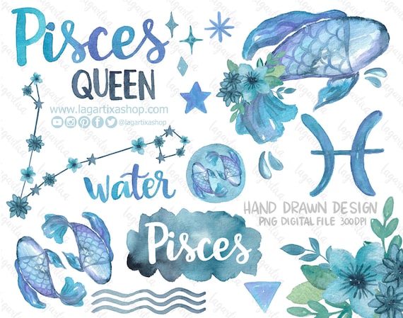 Zodiac Sign Constellation Pisces Watercolor Sublimation Clipart Digital Files floral Astrological Symbols hand painted february march queen