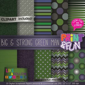 Puede incluir: Diez papeles digitales para scrapbooking en verde, gris y negro con varios patrones, incluyendo lunares, rayas, chevron y denim. Los papeles son de 30,5 cm por 30,5 cm y 300 dpi. El texto "BIG & STRONG GREEN MAN" y "PRINT & FUN" está en la parte superior de la imagen.