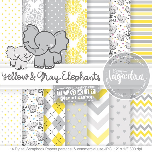 Yellow and Gray Grey Damask Digital Paper Patterns for invitations scrapbook blog backgrounds labels toppers candybar