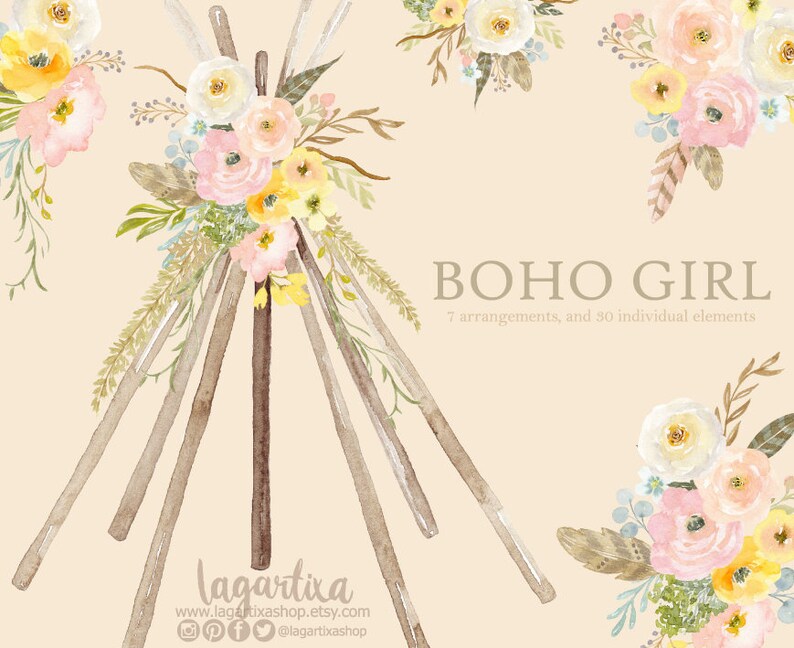 Teepee, Skull Bull Tipi and floral Watercolor Boho clipart, PNG, Let's go Glamping Birthday Party Theme, Sleepover, glam camping for girls image 4