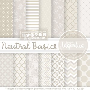 May include: Set of 14 digital scrapbook papers in neutral colors with various patterns, including polka dots, stripes, floral, geometric, and chevron. The papers are 12 inches by 12 inches and 300 dpi.