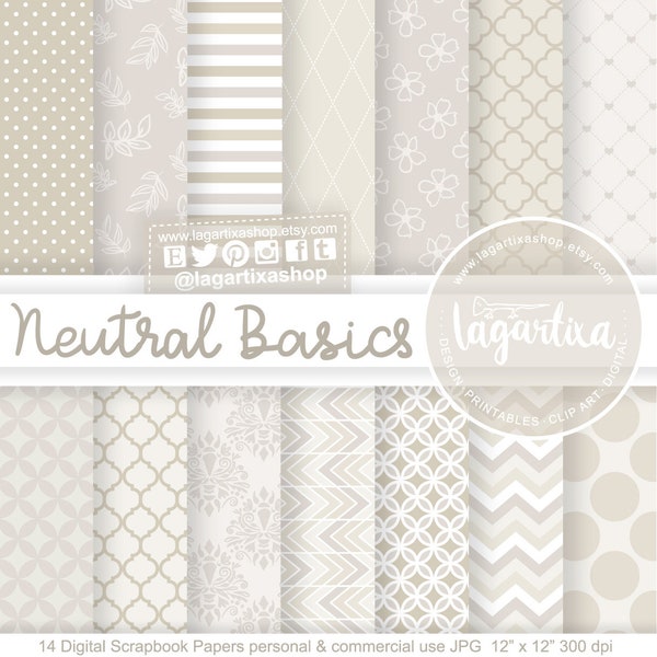 Classical Neutrals Elegant geometric leaves wedding Digital Paper background textures patterns chevron damask hearts lace pattern Lagartixa