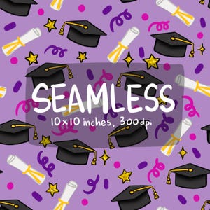 Op de afbeelding: Een naadloos patroon met afstudeerhoeden, diploma's, confetti en sterren op een paarse achtergrond. De tekst "SEAMLESS 10x10 inches, 300dpi" staat in het midden van het patroon.