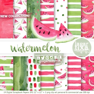 Puede incluir: 14 papeles digitales para scrapbooking con 14 patrones diferentes con rodajas de sandía, rayas, lunares y lavados de acuarela en tonos rojos, verdes y blancos. Los papeles miden 30,5 cm x 30,5 cm y 300 dpi. El texto "NEW COLLECTION!" y "Watermelon" está incluido en la imagen.