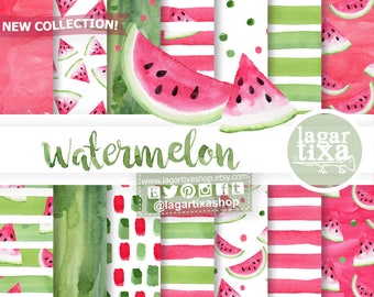 Watermelon Summer Melon Patterns Digital Paper Art Hot Pink clip art Polka Dots Chevron for invitations baby shower scrapbooking pool party