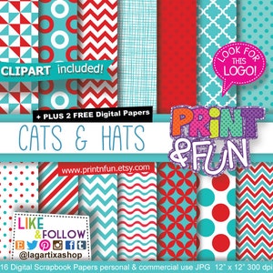 Puede incluir: Una colección de 16 papeles digitales de scrapbook con varios patrones en rojo, turquesa y blanco. Los diseños incluyen lunares, chevrones y formas geométricas. Se muestra el texto "CATS & HATS", junto con la frase "CLIPART incluido!" y la dirección del sitio web.