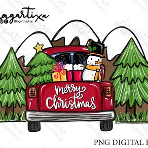 Camion de Noël vintage rouge Conception numérique | téléchargement instantané dessiné à la main | bonhomme de neige, cadeau, père Noël, arbre de Noël | conception de t-shirts | art