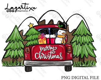 Red Vintage Christmas truck Digital design | hand drawn instant download | snowman, gift, santa claus, christmas tree | t-shirt design | art