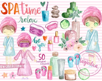 SPA Watercolor Girls Party clipart face mask graphics. Wellness Relax Event nail polish, creams, candles, stones, sleep mask, cocktail