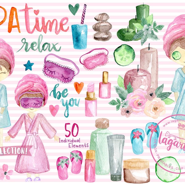 SPA Watercolor Girls Party clipart face mask graphics. Wellness Relax Event nail polish, creams, candles, stones, sleep mask, cocktail