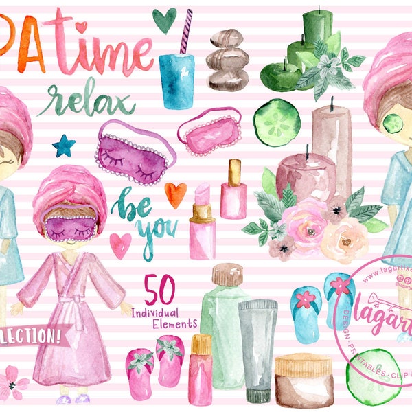 Акварельные изображения Clipart PNG SPA Вечеринка для девочек, маски, огурцы, коктейль, кремы, лак для ногтей, оригинальная вечеринка