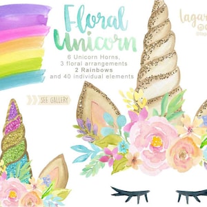 Corna di unicorno dell'acquerello, con fiori, festa della ragazza, cartoline, fiori, Clipart, menta, rosa, viola, oro, glitter, ciglia