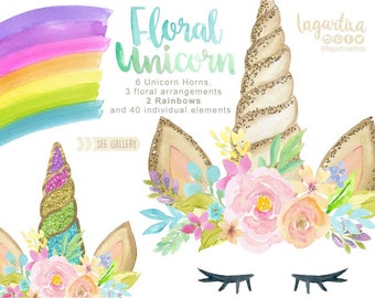 Floral Unicorn gold Glitter and Watercolor Horn Clip art, Whimsical, rainbow,  hand painted, mint, purple, pink, blue, gold, girly party,