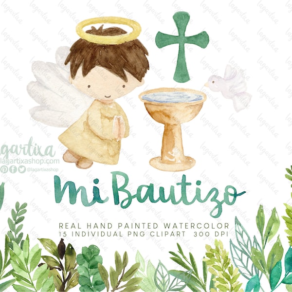 Baptism Angel Boy Leaves Greenery Wreath and Borders Watercolor clipart PNG | Invitations Cards Labels Decorations Favors Lagartixa Shop Art