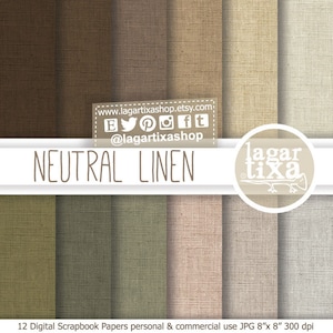 Puede incluir: Doce papeles digitales para scrapbooking con una textura de lino neutra en varios tonos de marrón, beige y verde. Los papeles miden 8 pulgadas por 8 pulgadas y 300 dpi.