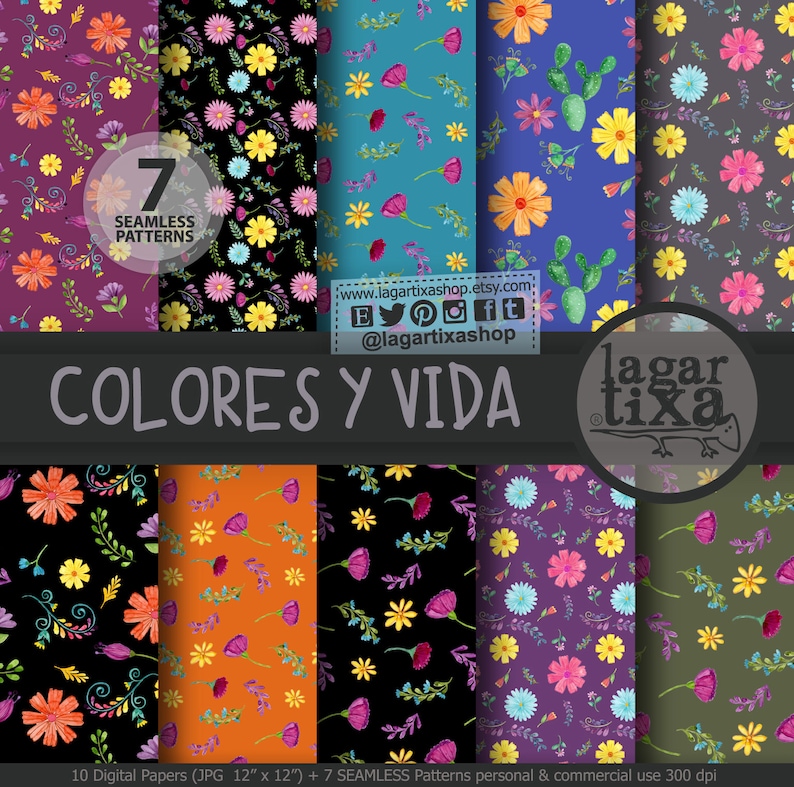 May include: A set of 10 digital papers featuring colorful floral patterns in various colors, including purple, blue, orange, green, and black. The papers are 12 inches by 12 inches and 300 dpi. The text "COLORES Y VIDA" is in the center of the image.