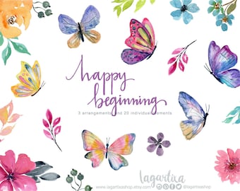 Butterflies Watercolor Floral clipart, PNG, bouquet, arrangement Hand Painted Digital Files Spring Elements for cards labels