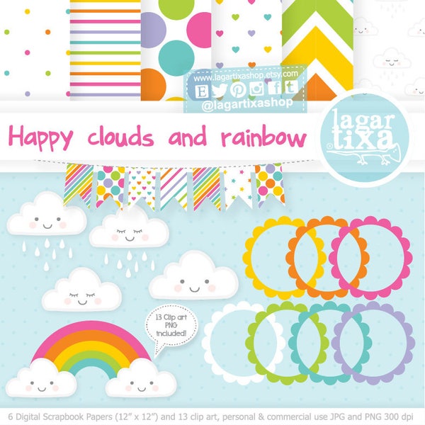 Rainbow png Baby blue Pastel Cute clouds, raining, sleeping, kawaii, Digital Paper, Patterns, stripes, chevron, dots, stars, to design cards