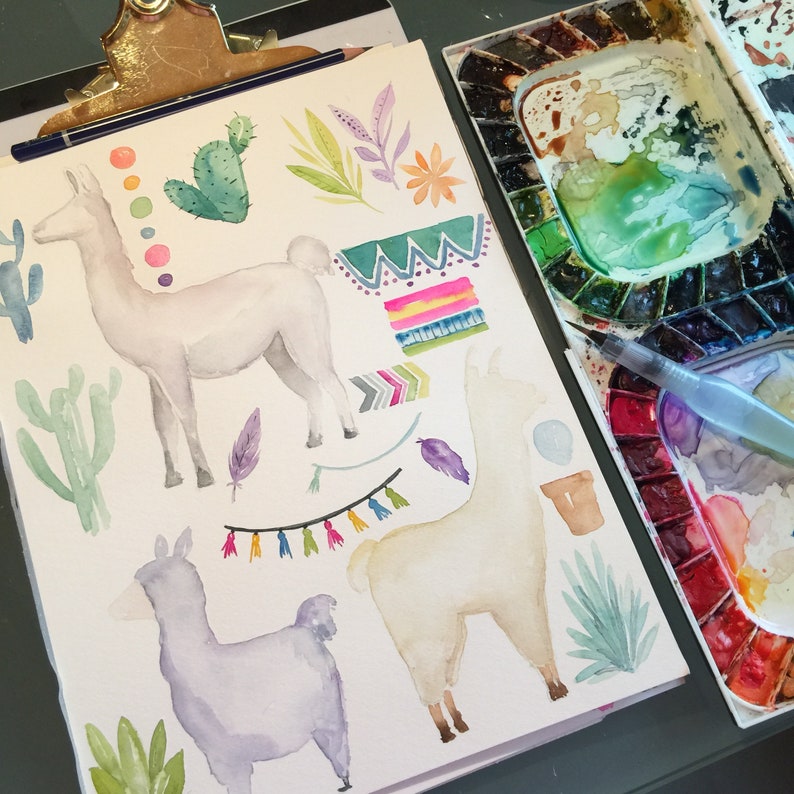 May include: Watercolour painting of two llamas, one white and one purple, with colourful accents and a floral design. The painting is on a white background.