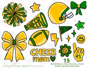 May include: A set of 15 hand-drawn digital PNG files with a cheerleading theme. The designs include a football helmet, pom-poms, a megaphone with "CHEER" text, a football, bows, stars, a lightning bolt, a smiley face, and a "#1" foam finger.