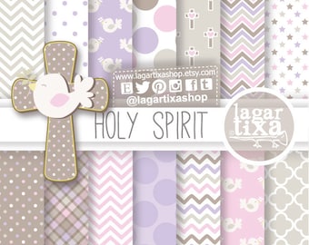 May include: A set of 14 digital papers featuring various patterns in shades of pink, purple, brown, and white. The patterns include polka dots, chevron, plaid, and stars. The papers are 12 inches by 12 inches and are 300 dpi. The set also includes a clip art image of a dove on a cross with the words "HOLY SPIRIT".