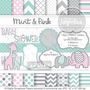 Elefantes y Jirafas Papel Digital y Clipart PNG Menta y Palo de Rosa, Gris para Baby Shower de Gemelos o Revelacion Sorpresa, Recuerditos