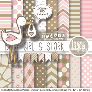Sfondi di carta digitale Immagini Clip art png per Baby Shower Girl Cicogna rosa Caffè Beige, Caffè, per souvenir, etichette, inviti
