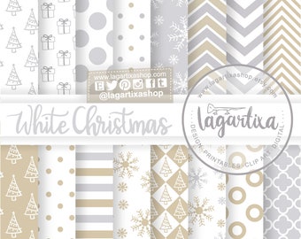 White Christmas Digital paper Patterns christmas tree snow flurry white gold silver beige bakgrounds for blog scrapbooking cards