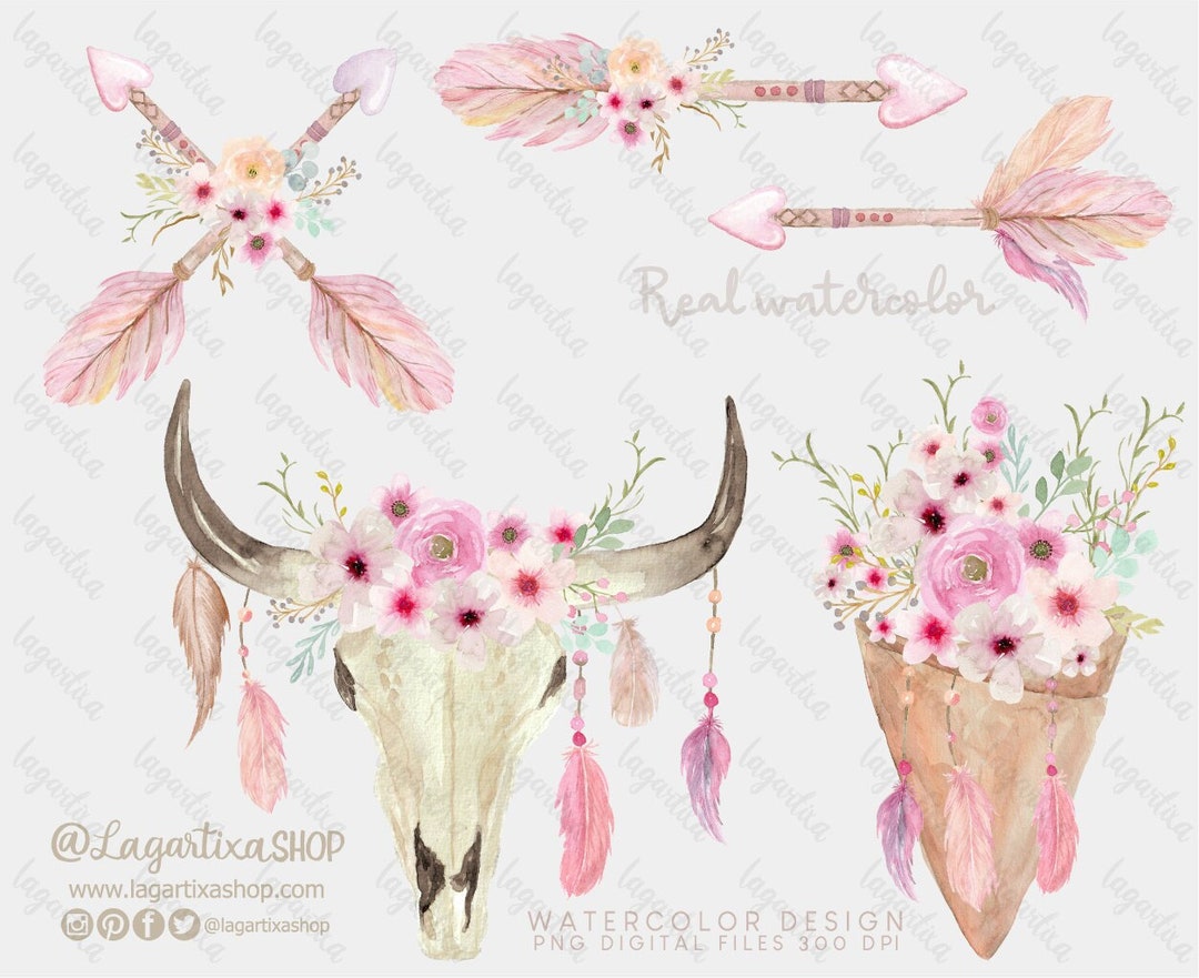 Boho Bull Skull Floral Watercolor Design Art Lagartixa Shop Pin Flowers ...