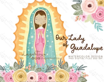 Our Lady of Guadalupe Virgen Morena de Mexico Virgencita Virgin Baptism First Communion decoration Cardmaking Watercolor Digital Image file