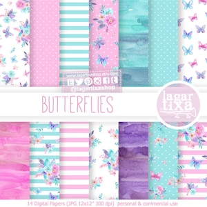 May include: A collection of 14 digital papers with various patterns, including polka dots, stripes, watercolor washes, and floral designs. The papers feature butterflies and flowers in shades of pink, blue, and purple. The text "BUTTERFLIES" is displayed.