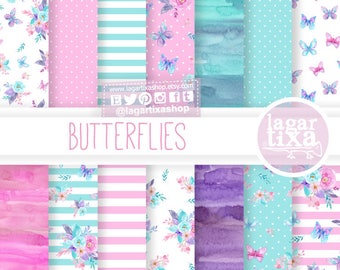 Butterflies Patterns Watercolor, Butterfly and Flowers, florals, baby shower, digital paper, art, bridal shower,  patternos for sublimation