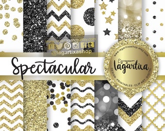 Gold Black New Year&#39;s Eve Digital Paper Blog background for Invitations Elegant event chevron glitter gold foil bokeh labels gift tags