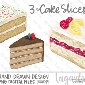 Kuchenscheiben Aquarell 3 Handgemalte Clipart PNG Designs Digitale Dateien Zitronenkuchen, Schokoladenkuchen, Konfettikuchen, für Logo, Sublimation