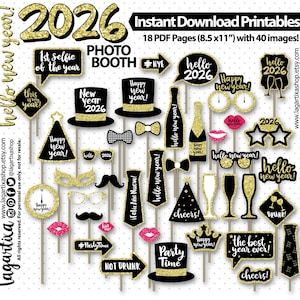 Fotobox-Requisiten 2026 zum Ausdrucken: Goldglitzer, Schwarz, Silvesterparty-Events, Schnurrbärte, Hüte, Küsse, Brillen, Krawatten, Kronen, lustige Schilder