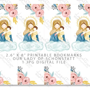 Virgen de Shoenstatt Separadores para Imprimir tamaño Carta 8.5 x 11 Acuarela de Virgen con Flores para recuerditos bautizo comunion