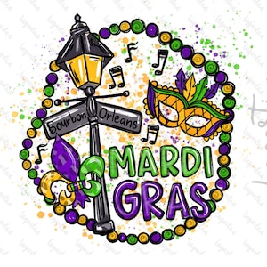 Mardi Gras Design Sublimazione Lampione Perline Fleur Fleur De Lis Arte digitale per Carnevale PNG disegnato a mano art design per stampe di t-shirt