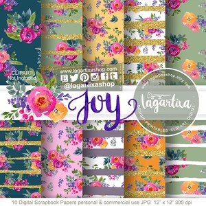 May include: Ten digital scrapbook papers featuring floral patterns with gold glitter stripes. The papers are 12 inches by 12 inches and 300 dpi.