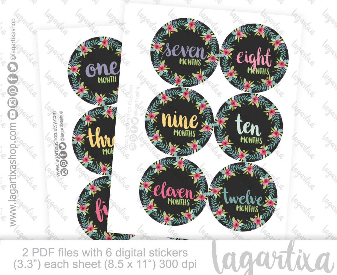 Monthly Baby Stickers Printables Watercolor Florals Hand | Etsy