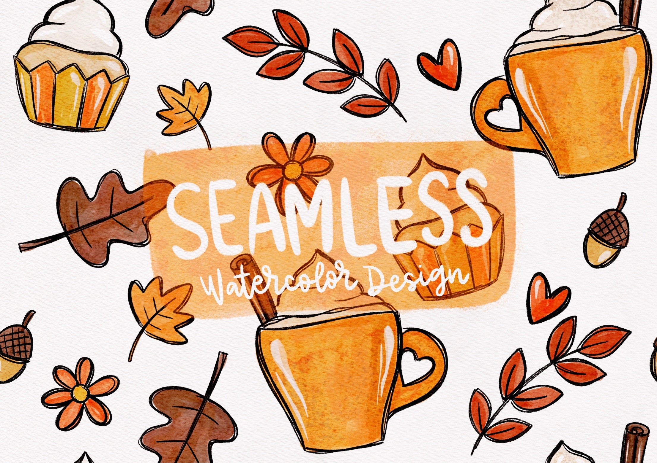Seamless Pumpkin spice latte tis the season watercolor Pattern design hand painted autumn vibes fall season lagartixa shop digital files